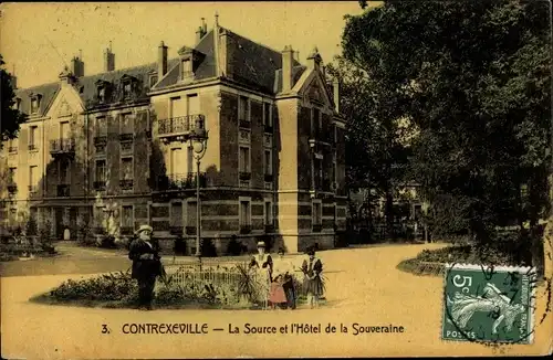 Ak Contrexéville Vosges, La Source et l´Hotel de la Souveraine