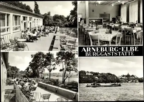 Ak Arneburg an der Elbe, Burggaststätte, Terrassenpartien, Innenansicht, Wasserpartie