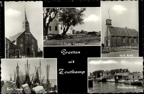 Ak Zoutkamp Groningen, Geref. Kerk, N. H. Kerk, Buitenhaven, Rietdiepskade, Oude Veerhuis