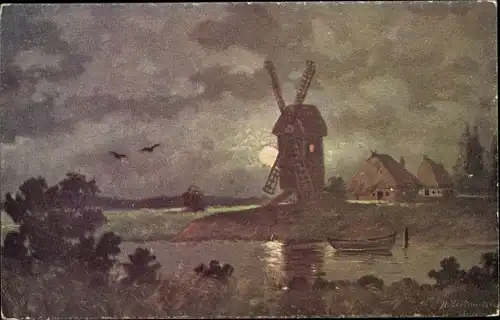 Künstler Ak Landschaft mit Windmühle, Mondschein