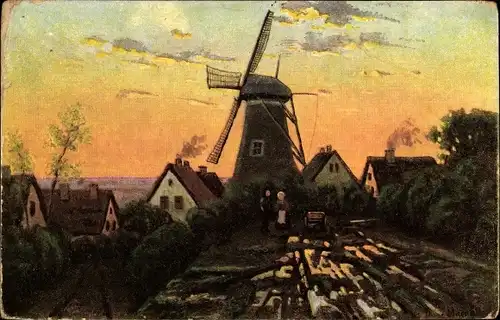 Künstler Ak Landschaft mit Windmühle, Ortschaft