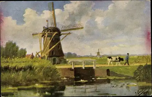 Künstler Ak Oudes, Landschaft mit Windmühle, Mann mit Kuh