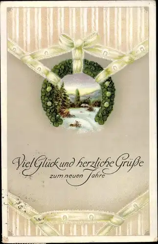 Ak Glückwunsch Neujahr, Hufeisen aus Kleeblättern, Winterlandschaft