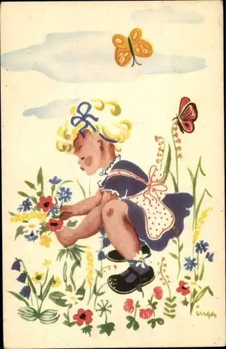 Künstler Ak Inga, Mädchen auf einer Blumenwiese, Schmetterlinge