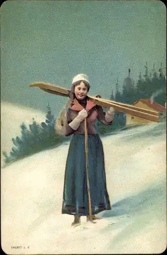 Litho Frau mit Skiern