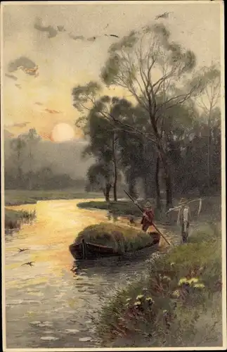 Künstler Ak Landschaft, Fluss, Bauer mit Sense, Boot
