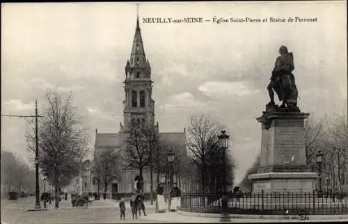 Ak Neuilly sur Seine Hauts de Seine, Église Saint Pierre, Statue de Perronet