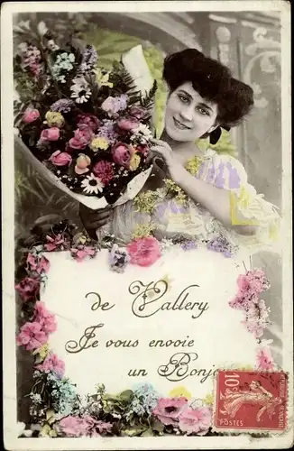 Ak Vallery Yonne, Bonjour de Vallery, Femme brune avec des Fleurs