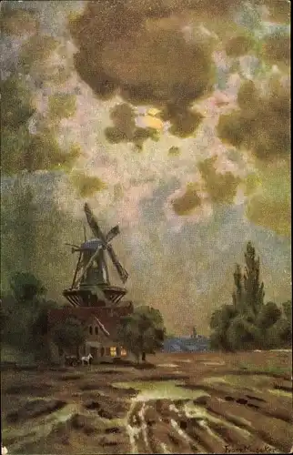 Künstler Ak Landschaft mit Windmühle
