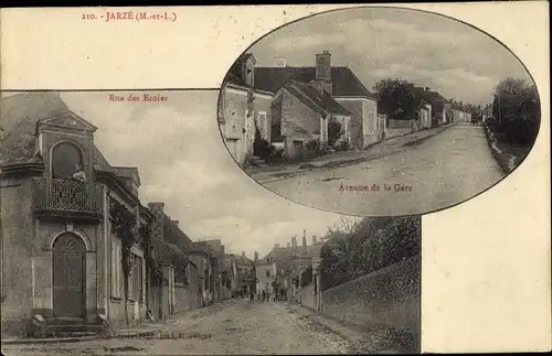 Ak Jarzé Maine et Loire, Rue des Ecoles, Avenue de la Gare