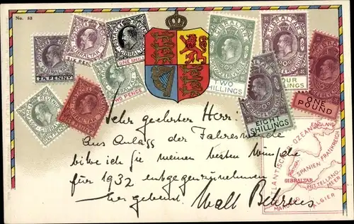 Briefmarken Wappen Ak Gibraltar, Two Schillings, One Pound, Landkarte der Meerenge