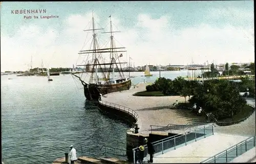 Ak København Kopenhagen Dänemark, Parti fra Langelinie, Segelschiff, Flagge