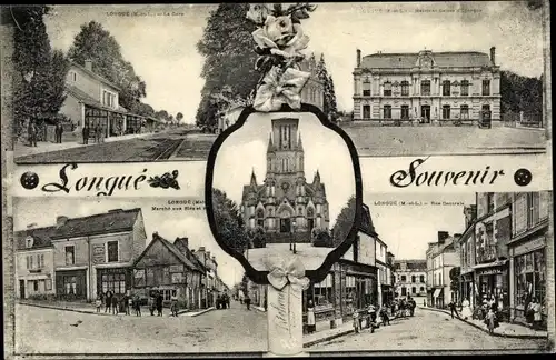 Ak Longué Maine et Loire, Souvenir, La Gare, Rue Generale, Marche aux Bies