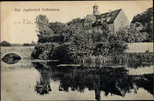 Ak Grillenburg Tharandt Sachsen, Jagdschloss, See, Brücke
