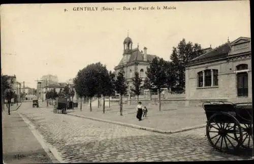 Ak Gentilly Val de Marne, Rue et Place de la Mairie, Ecole des garcons