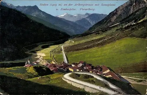 Ak Stuben Klösterle Vorarlberg Österreich, Arlbergstraße mit Scesaplana und Zimbaspitze