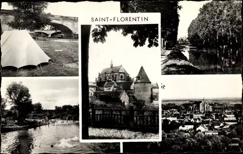 Ak Saint Florentin Yonne, Tente, Panorama, Nageurs, Château