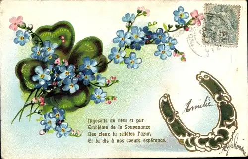 Präge Ak Kitsch, Hufeisen, Kleeblätter, Vergissmeinnicht