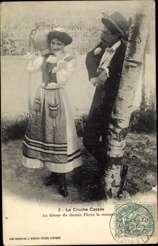 Ak La Cruche Cassée, junge Frau in Tracht, Wasserkrug