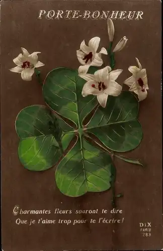 Ak Glückwunsch, Porte Bonheur, Kleeblätter, Lilien