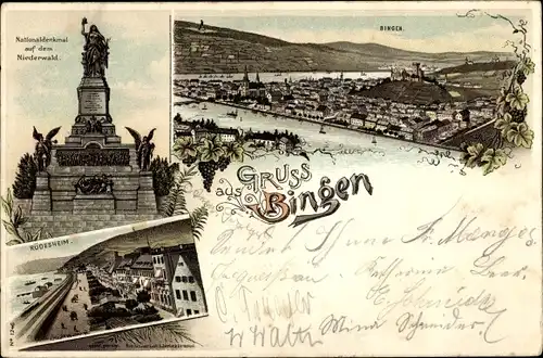 Litho Bingen am Rhein, Nationaldenkmal auf dem Niederwald, Rüdesheim, Panorama