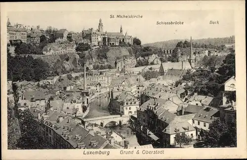 Ak Luxembourg Luxemburg, Grund und Oberstadt, St Michelskirche, Schlossbrücke, Bock