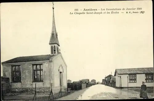 Ak Asnières-sur-Seine Hauts-de-Seine, Inondations Janvier 1910, Chapelle Saint Joseph et les Écoles