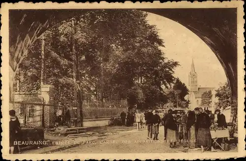 Ak Beauraing Wallonien Namur, Entrée du Parc, l'Arbre des Apparitions, L'Eglise