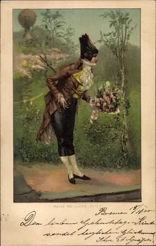 Künstler Ak Reinicke, Rene, Mann mit Blumenstrauß
