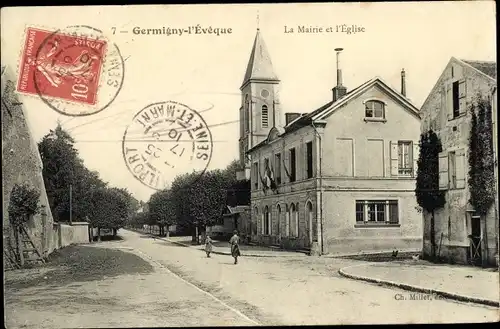 Ak Germigny l'Eveque Seine et Marne, Mairie et l´Église