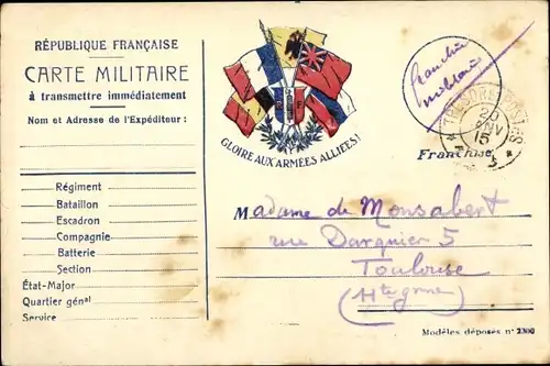 Ak Carte Militaire,  französ. Feldpostkarte, Gloire aux Armées Alliees, Flaggen I. WK