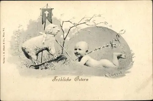 Ak Glückwunsch Ostern, Baby mit Osterlamm Spielzeug, Weidenkätzchen, A. Voisard