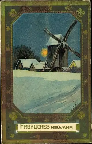 Präge Litho Glückwunsch Neujahr, Windmühle im Winter, Kleeblätter