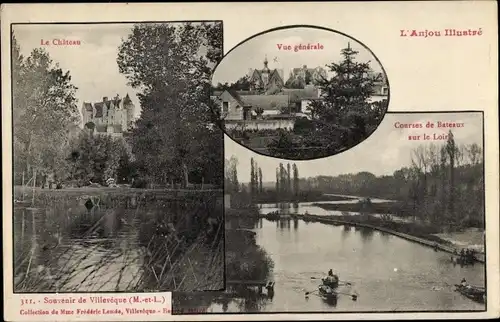 Ak Villeveque Rives du Loir en Anjou Maine et Loire, Course de Bateaux, Vue Générale, Le Château