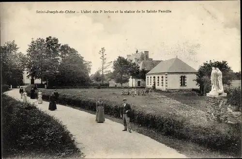 Ak Villedieu Maine et Loire, Saint Joseph du Chêne, Abri des Pélerins et Statue de la Sainte Famille
