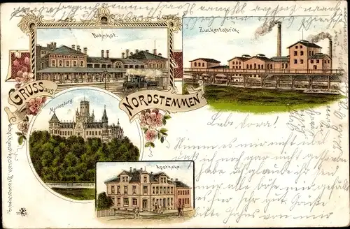 Litho Nordstemmen Hildesheim Niedersachsen, Bahnhof, Zuckerfabrik, Marienburg, Apotheke