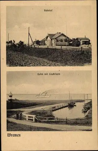 Ak Nordseebad Wremen Wurster Nordseeküste, Bahnhof, Hafen mit Leuchtturm