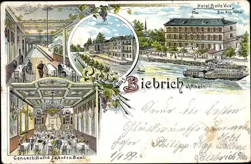 Litho Biebrich am Rhein Wiesbaden, Hotel Bellevue, Kegelbahn, Konzertsaal, Schloss, Salondampfer