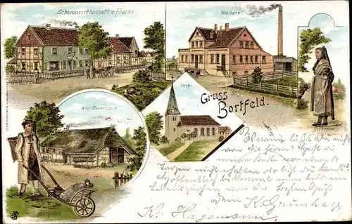 Litho Bortfeld Wendeburg in Niedersachsen, Schenkwirtschaft von Franke, Molkerei, Bauernhaus, Kirche