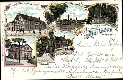 Litho Knesebeck Wittingen in Niedersachsen, Wöhlckes Gasthaus, Genossenschaftsmolkerei, Försterei
