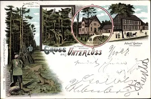 Litho Unterlüß Unterlüss Südheide, Hubach's Gasthaus, Oberförsterei, Urwald, Köhlerkathe