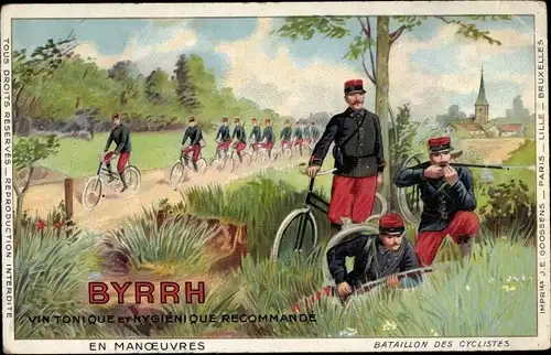 Litho Byrrh, Vin Tonique, En Manoeuvres, Bataillon des Cyclistes, Reklame
