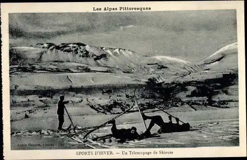 Ak Les Alpes Pittoresques, Sports d'Hiver, unTelescopage de Skieurs, Skifahrer