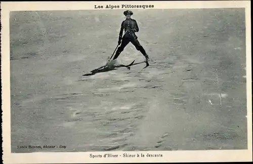 Ak Les Alpes Pittoresques, Sports d'Hiver, Skieur à la descente, Skifahrer