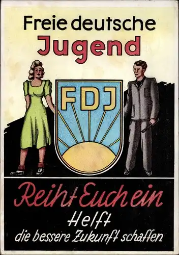 Künstler Ak Freie Deutsche Jugend, FDJ, Reiht euch ein, DDR Propaganda