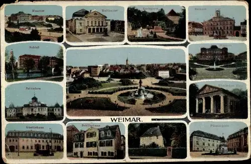 Ak Weimar in Thüringen, Rathaus, Museum, Schillerhaus, Goethehaus, Schloss, Belvedere