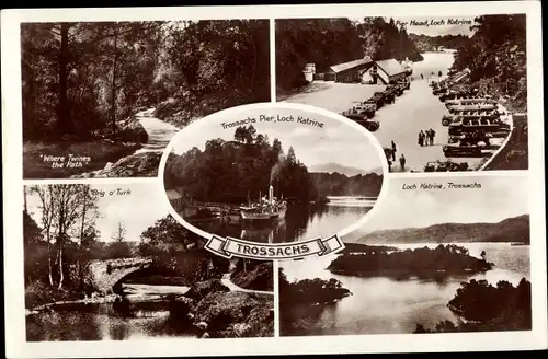 Ak Trossachs Schottland, Loch Katrine, Pier, Brig o'Turk, where twins the path