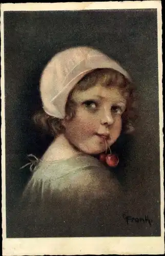Künstler Ak Frank, Herzblättchen, Portrait von einem Mädchen mit Kirsche im Mund