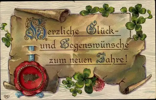 Litho Glückwunsch Neujahr, Schriftrolle, Kleeblätter, Schwein