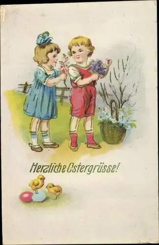 Ak Glückwunsch Ostern, Junge und Mädchen mit Blumen, Küken, Ostereier